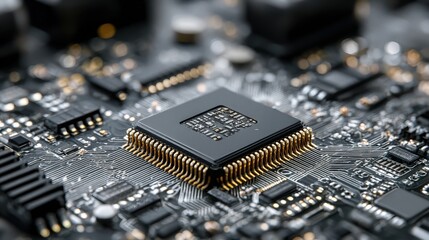 Close view of a computer chip on a circuit board during a tech assembly process