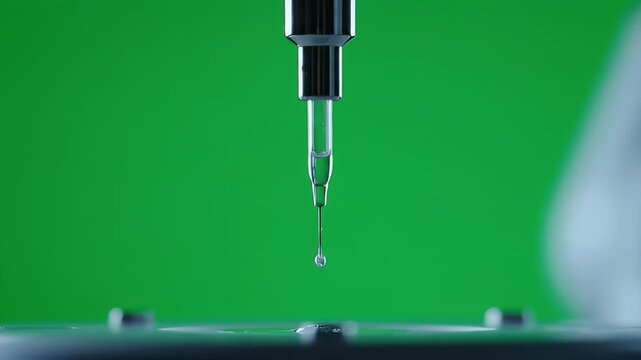 Robotic arm dropping liquid with green background