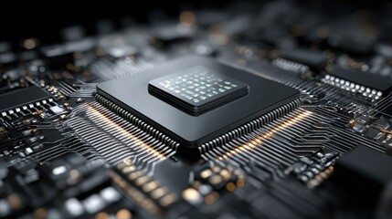 Close view of a computer chip on a circuit board during a tech assembly process