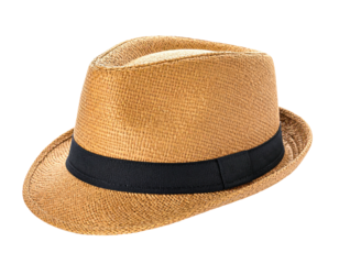 A classic fedora hat, woven from straw, featuring a black band, against a transparent background
