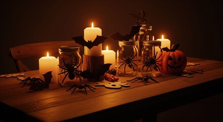 Halloween table setting with candles, spiders, bats, jack-o'-lantern, jars