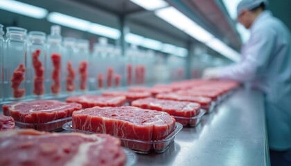 Lab produced meat steaks sit in plastic trays on a stainless steel table. Scientist in white lab coat works in background with rows of meat cultures in glass vials.