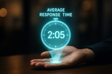 Average response time support efficiency holographic timer displays average response time for customer support tickets conveying urgency and streamlined service