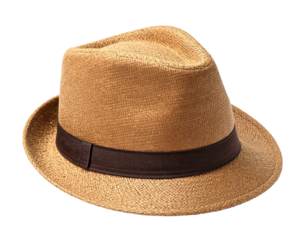 A tan fedora hat with a dark brown band, isolated on a transparent background