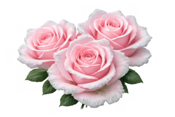 Pink roses featuring frosted petals and green leaves, representing winter blossoms, elegance, and romantic feelings on a transparent background