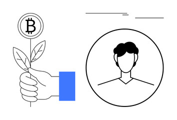 Hand holding a plant with Bitcoin coin growing atop, symbolizing growth and investment. Minimal profile portrait in a circle design. Ideal for blockchain, crypto, finance, growth, sustainability © robu_s