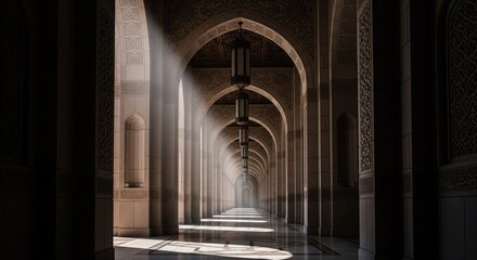Obraz premium Long interior corridor, arched ceilings, sunlight streams, intricate carvings, perspective view