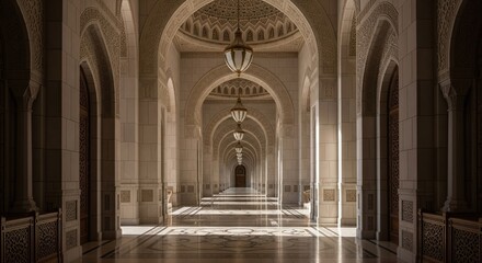Fototapeta premium Long, symmetrical corridor with arched doorways, ornate ceiling, and hanging lanterns, lit by sunlight