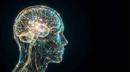 Stylized Human Head Silhouette Made of Circuit Boards and Light Fibers