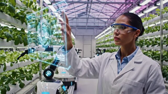 Scientist interacts with hologram in hydroponic greenhouse