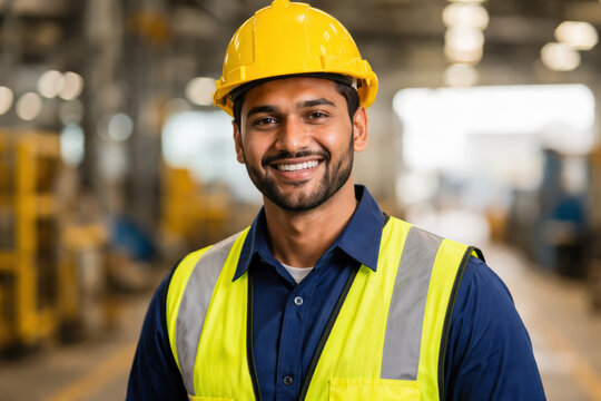 Construction worker hard hat high-visibility smiling industrial worker portrait in warehouse wearing protective vest and helmet confident professional expression - Powered by Adobe