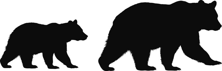 Bear family silhouettes showing adult and cub walking together wildlife nature animal illustration isolated on white background vector design concept © MdMonirujjaman