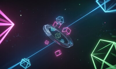 Neon geometric shapes and lines floating against a dark backdrop, with a central ring