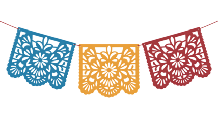 Mexican Papel Picado Banner with Blue Orange and Red Panels