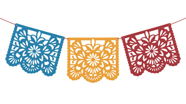 Mexican Papel Picado Banner with Blue Orange and Red Panels