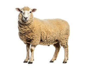 Fototapeta premium A fluffy, beige sheep stands with a calm expression, its wool contrasting against a dark background