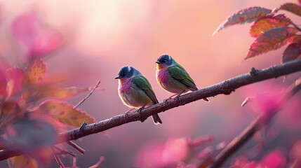Obraz premium Poetic Birds on Golden-Pink Branch