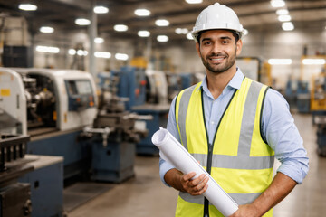Engineer construction blueprint worker industrial manufacturing An Indian young male engineer in safety helmet and reflective vest holding rolled blueprint in a factory workshop