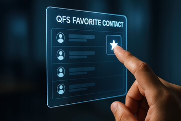 Favorite contact QFS holographic interface hand select star to mark important connection evoking efficiency and confidence in digital interaction