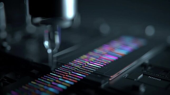 Precision science and technology in biotechnology Illustrative animation of cellular health, analysis, and genetic sequencing