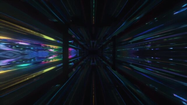 Sparks fly through a dark, endless tunnel space, bouncing off invisible surfaces. sparks multicolor neon glows prism effects. Trails linger fade, flowing energetic, elegant motion futuristic cinematic