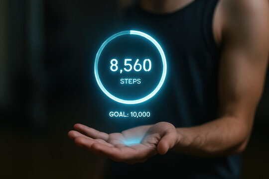 Fitness steps goal progress holographic interface A glowing daily steps counter floating above an open hand showing motivational progress toward a ten thousand step target