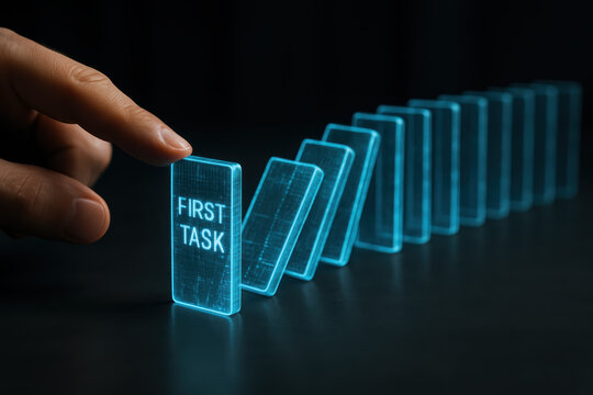 First task domino chain progress first task domino chain progress glowing holographic block pushed by a hand to trigger a sequence toward final goal conveying momentum and planning