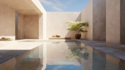 Minimalist sunlit courtyard with reflective pool and warm textured walls