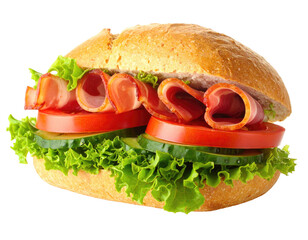Close-up of a delicious sandwich with fresh vegetables and sliced meat on a fluffy bun