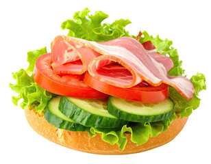 A close-up view of a half sandwich filled with lettuce, tomato, cucumber, and bacon on a roll