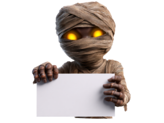 Cartoon mummy with glowing eyes holding blank sign