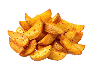 A pile of seasoned, golden-brown, baked potato wedges against a stark black backdrop