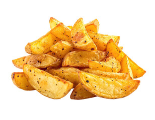 A pile of seasoned, golden-brown potato wedges on a solid black background