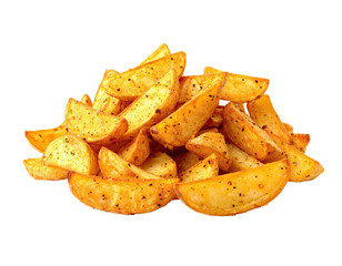 A pile of seasoned, golden-brown fried potato wedges, cut and arranged on a black background