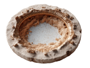 Circular sand-covered structure with eroded features on solid surface