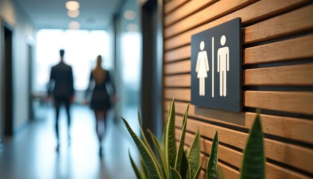Office corridor with modern restroom sign. Two blurry people walk down hallway. Symbol shows man and woman icons for inclusive facilities. Wood paneled wall adds warmth.