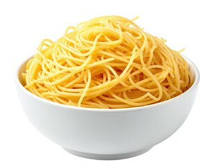 Close-up of cooked spaghetti noodles spilling out of a white ceramic bowl