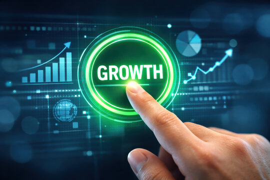 Growth neon button hand touch press The glowing green growth button invites hopeful interaction to inspire business success and upward progress in a digital interface - Powered by Adobe