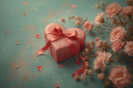 gift box with ribbon and flower surrounded by festivel decorations