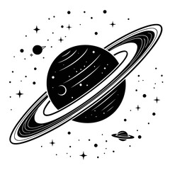 A black and white illustration of a planet with rings in space © GFXShani1