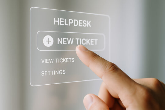 Helpdesk new ticket view tickets settings ticket interface User hand touching virtual NEW TICKET button creating support ticket on translucent helpdesk interface minimal modern