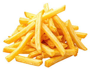 A golden heap of perfectly cooked potato fries, ready to eat, with a transparent background