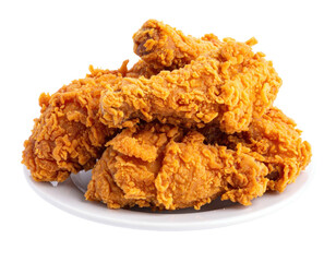 Golden, crispy fried chicken drumsticks on a white plate, isolated against black