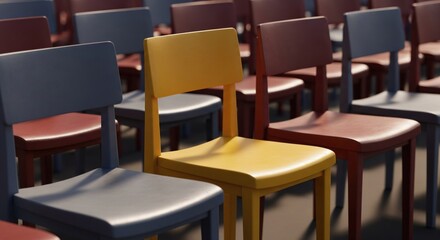 Rows of colorful, simple chairs are illuminated, with one vibrant yellow chair as the focal point