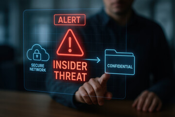 Insider threat alert confidential secure — tense cybersecurity scene showing a holographic interface warning about a file moved to a protected network conveying urgency