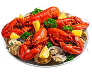 A vibrant, cooked seafood platter featuring lobster, clams, lemon, and parsley garnish