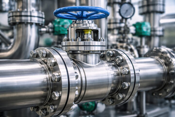 Obraz premium Industrial stainless steel pipeline flange handwheel functional stainless steel pipeline assembly in industrial plant with pressure gauge precise control