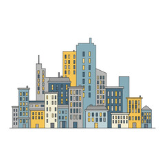 Fototapeta premium Modern Cityscape Illustration: Diverse Buildings, Urban Skyline, Flat Design, Blue & Yellow Tones