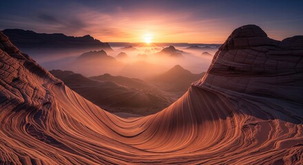 Sandstone landscape with sunset creating an ethereal atmosphere across undulating terrain