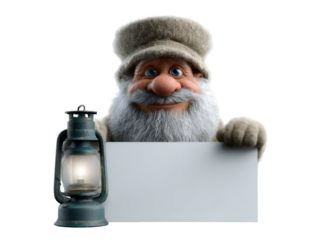 Cheerful bearded figure holding blank cardboard with lantern